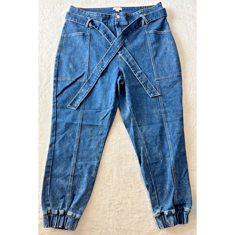 Forever 21 Womens Size 16 Denim Jogger Jeans‎ Blue High Rise Belted Tapered